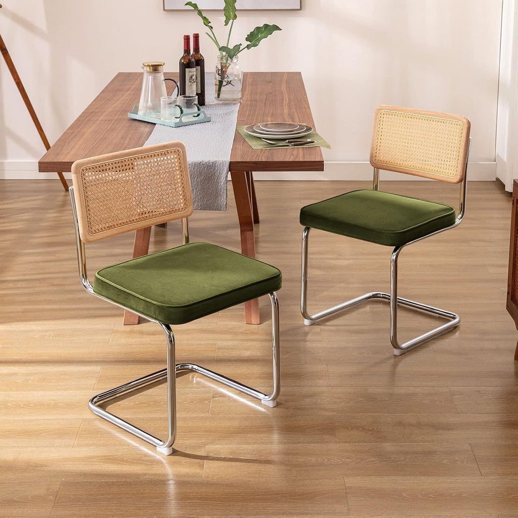 Natural Rattan Dining Chairs Set of 2, Olive Green Modern Kitchen Chairs with Solid Wood Back & Chrome Base