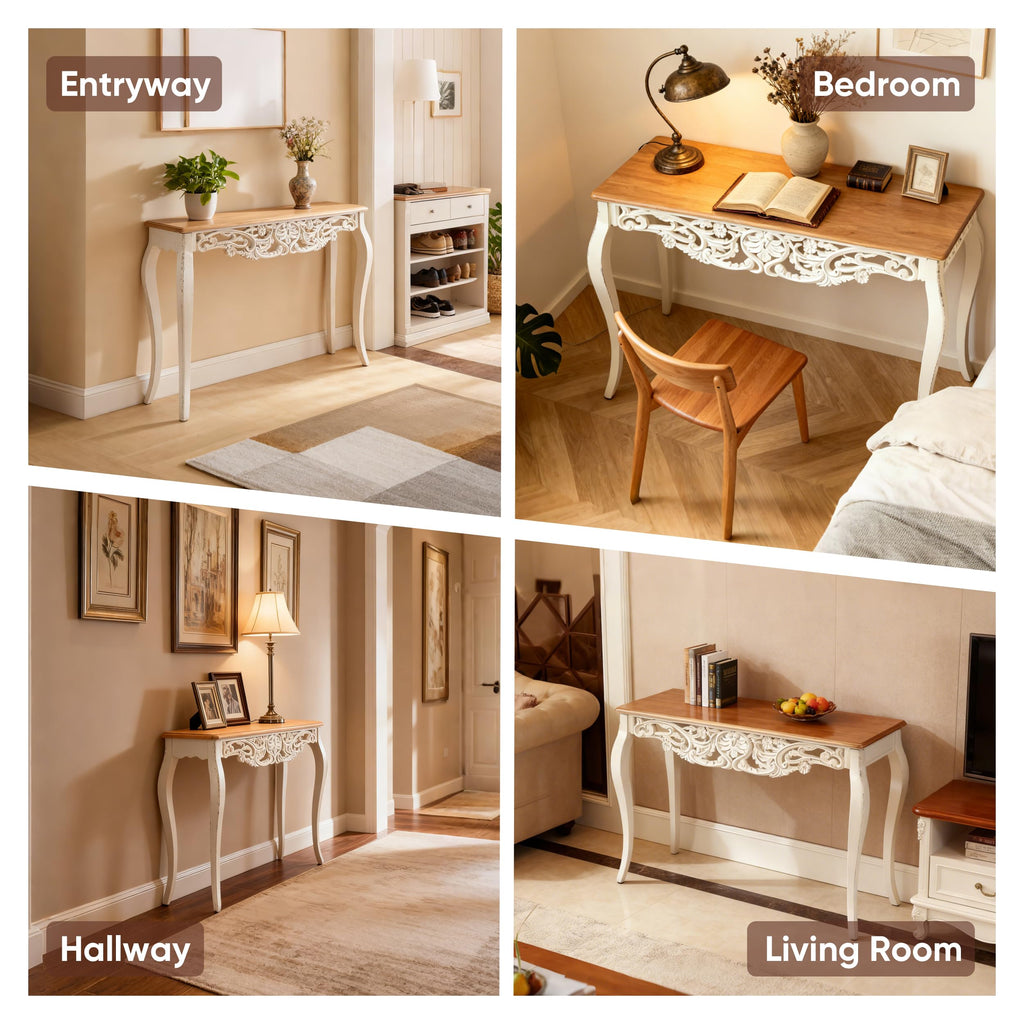 Console Table with Carved Details, 43.31" Long Sofa Table Behind Couch, Vintage French Country Entry Table with Wood