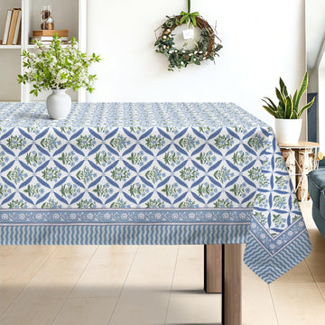 Block Print Floral Wipe Clean Square Table Cloth Blue 60x60inch