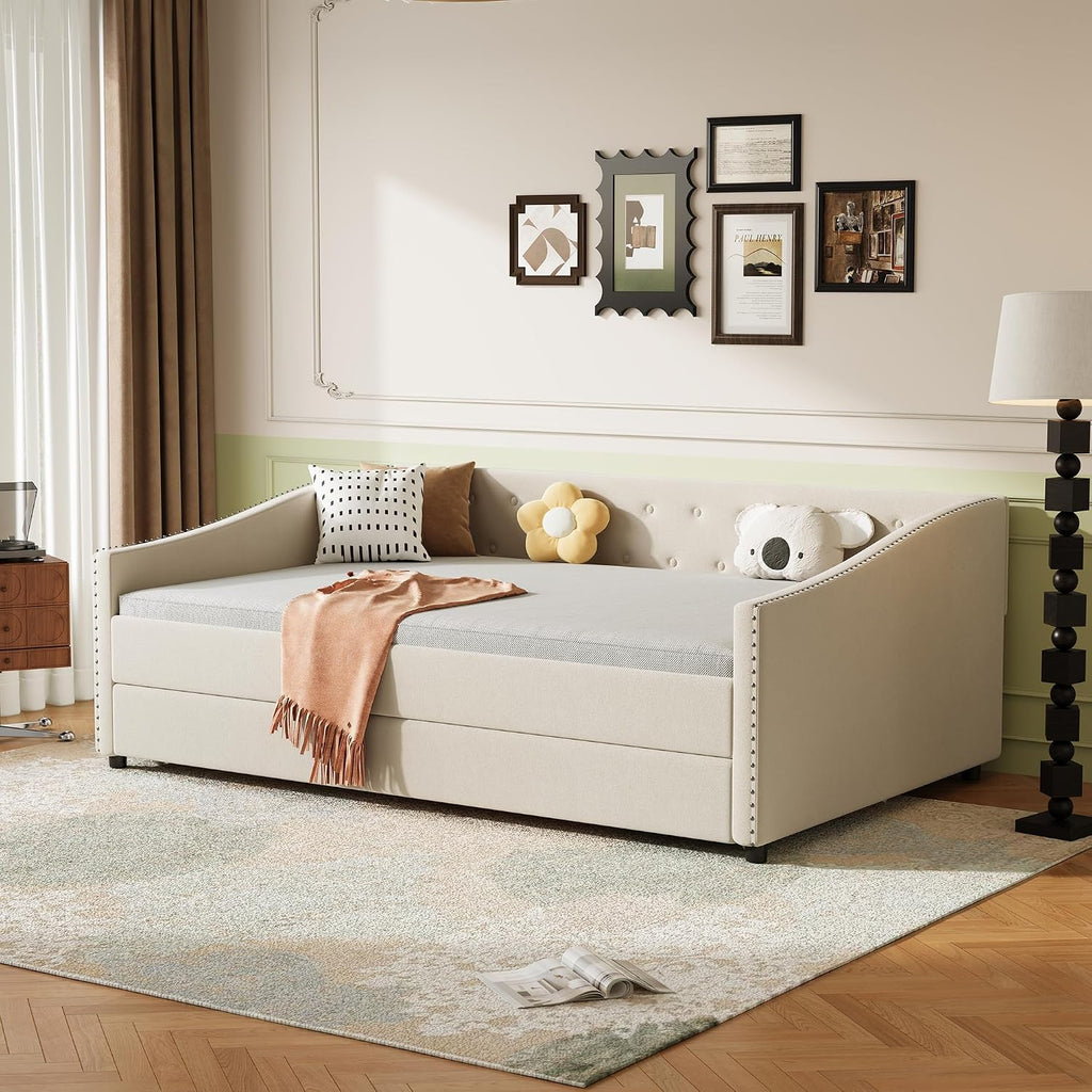 Full Size Upholstered Daybed with Trundle | Twin Size Trundle,Button-Tufted Back, Piping on Waved-Shape Arms, Solid
