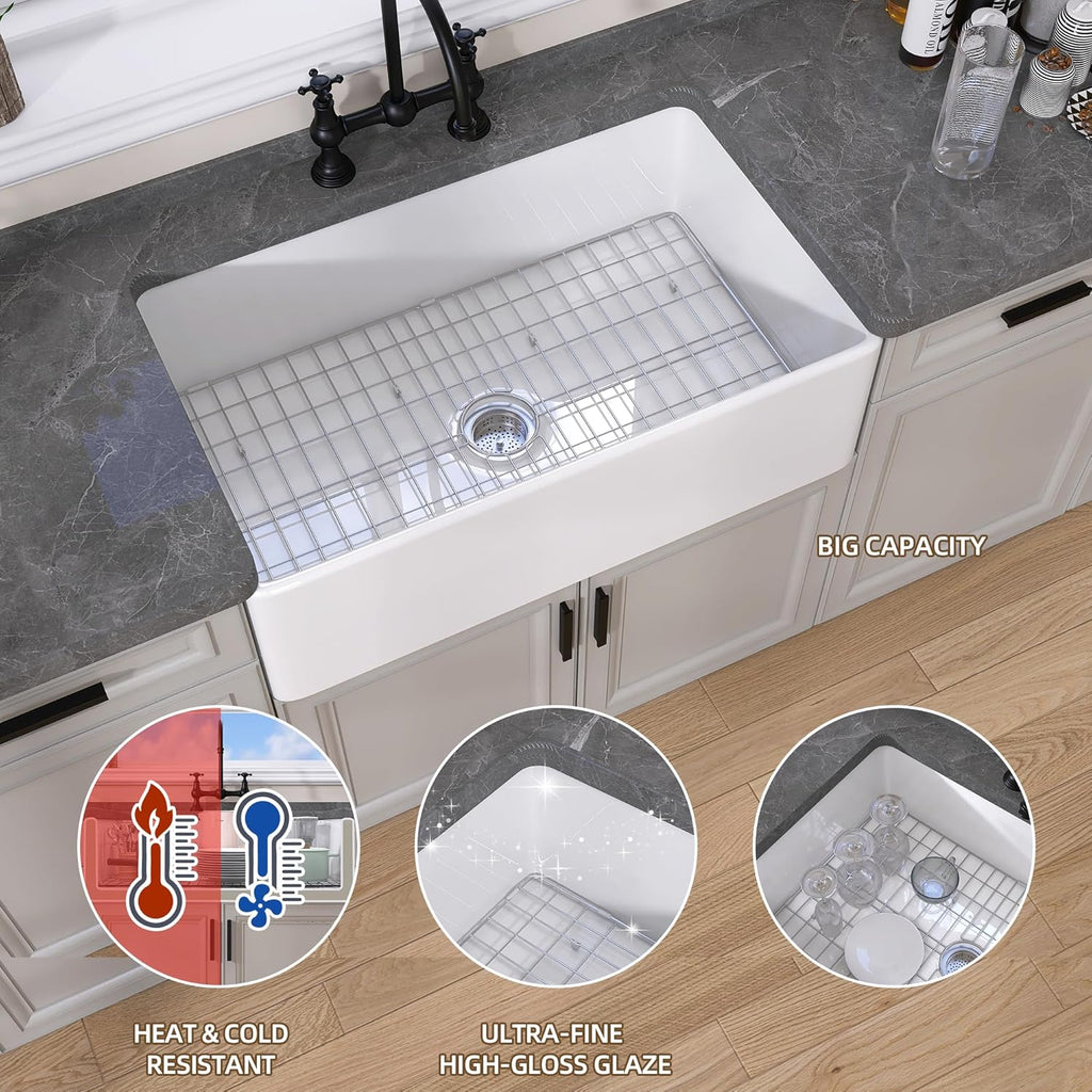 White Farmhouse Kitchen Sink 30 inch Fireclay Apron Front Farm Sink