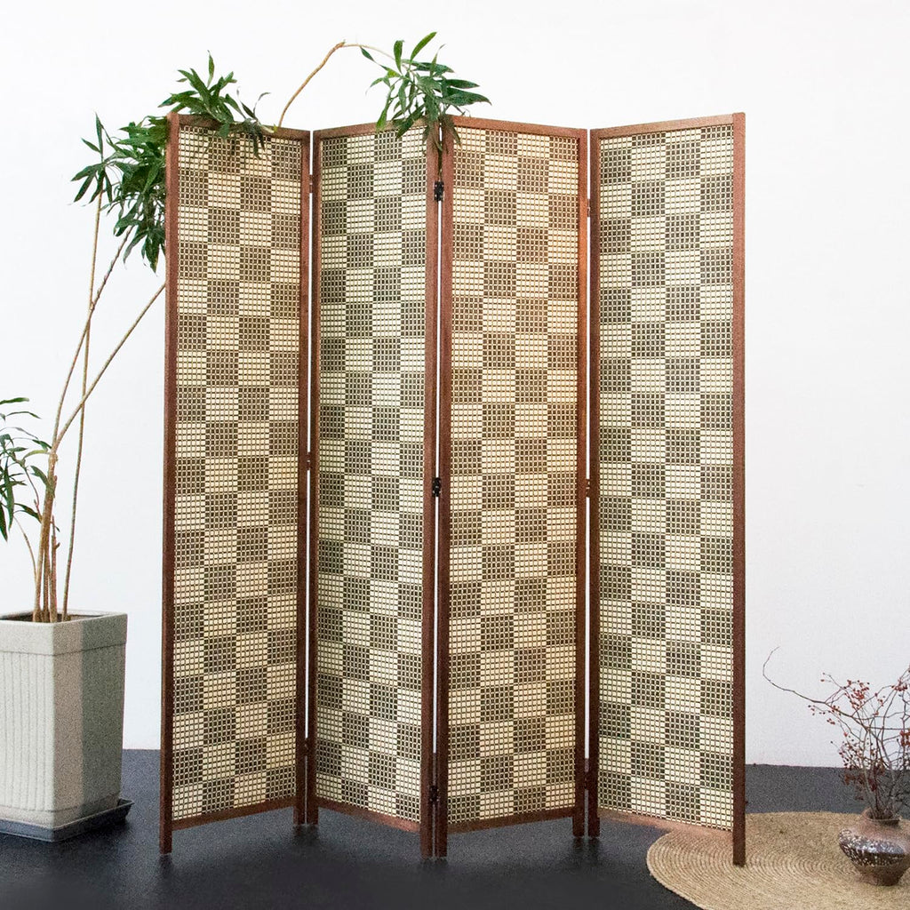 4 Panel Bamboo Room Divider, Gray Checker Folding Privacy Screen