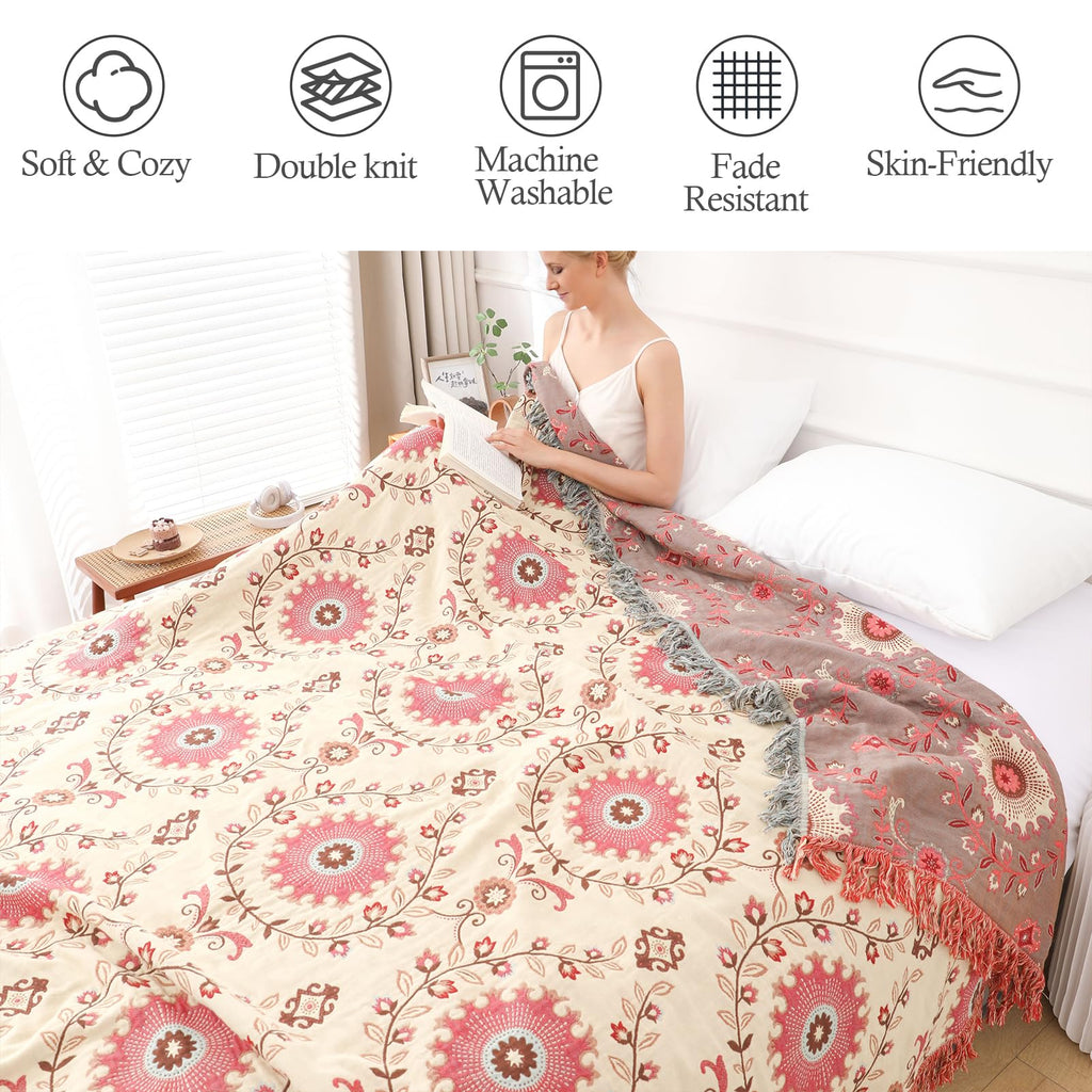 Boho Throw Blanket for Bed - 100% Cotton Ultra Soft Rustic Quilt - Pink Boho Floral Printed Farmhouse Decor Bed
