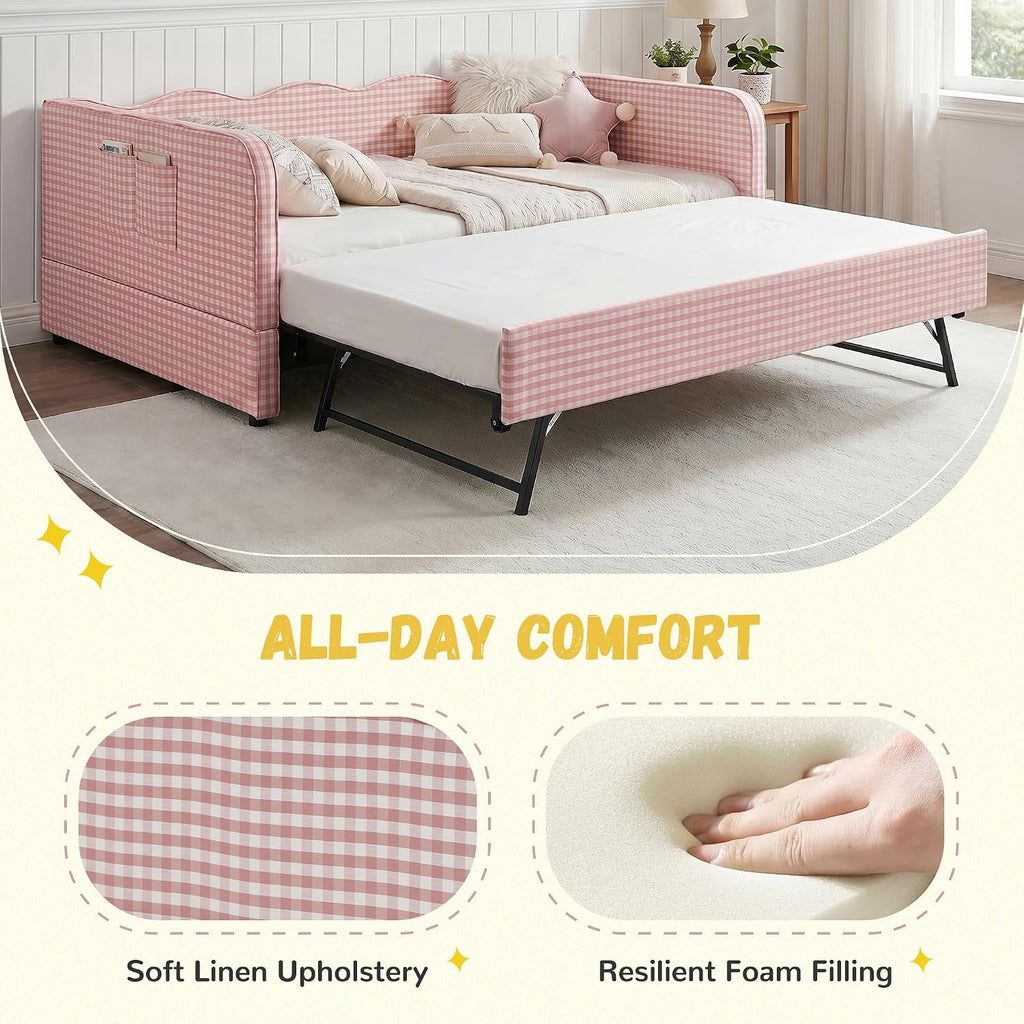 Full Size Gingham Day Bed with Trundle and Storage Pockets | Upholstered Daybed Living Room Guest Room-Pink
