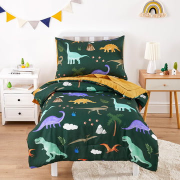 Toddler Bedding Set for Boys, Colorful Jurassic Dinosaur Volcano, 4 Pieces Soft Crib Bed Set Including Comforter