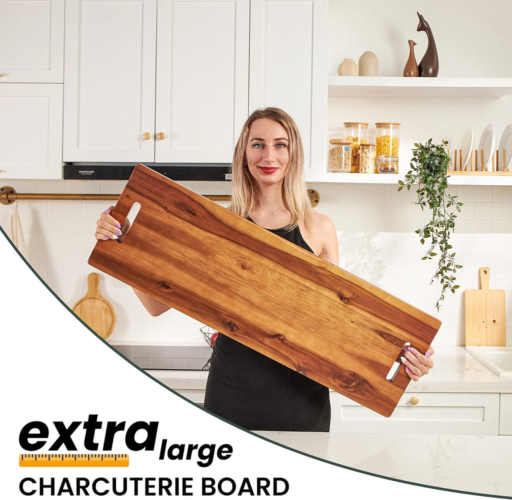 36" Large Acacia Wood Charcuterie Board, Built-in Handles, Raw Edge | Dual-sided Design, Extra Long Wooden Serving