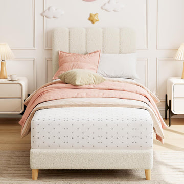 Twin Bed Frame, Platform Bed with Headboard for Kids | Upholstered Bed Frame, Easy Assembly, Wooden Slats Support, No
