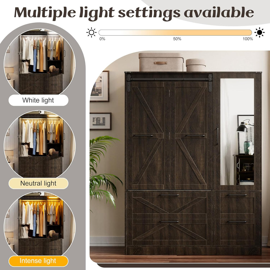 Armoire Wardrobe Closet with w/Folding Sliding Barn Door | Bedroom Armoires with Mirror and LED Lights, Hanging Rod