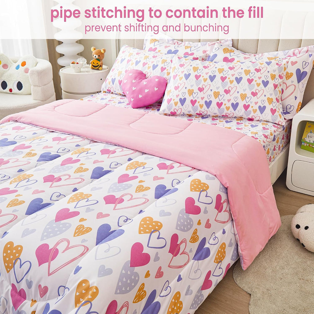 Comforter Sets for Girls Kids, 8 Pieces Bed in a Bag Pink Heart Bedding Comforter Sheet Set with Shams and