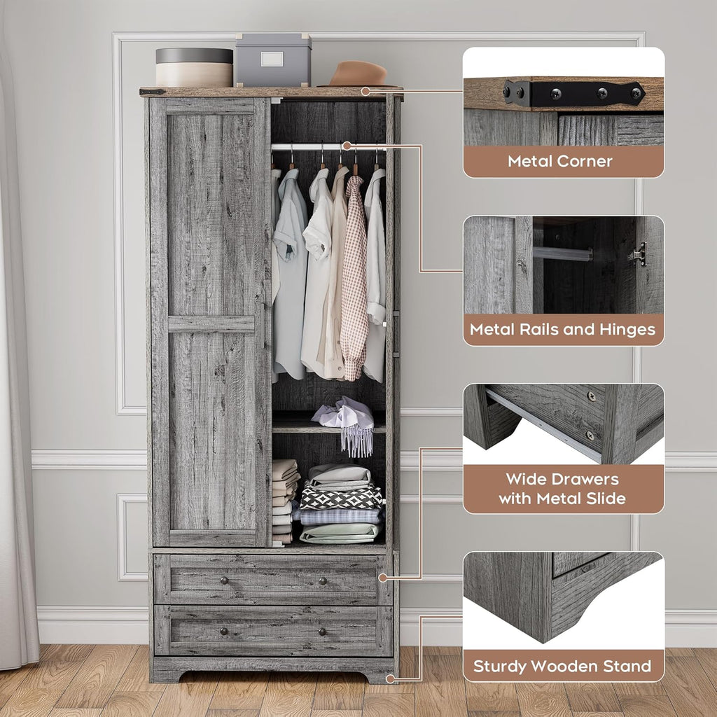 Wooden Armoire Wardrobe Closet with Drawers, Grey, 71" Tall,Set of 2 | 4 Modern Doors, Freestanding, with 4 Drawers