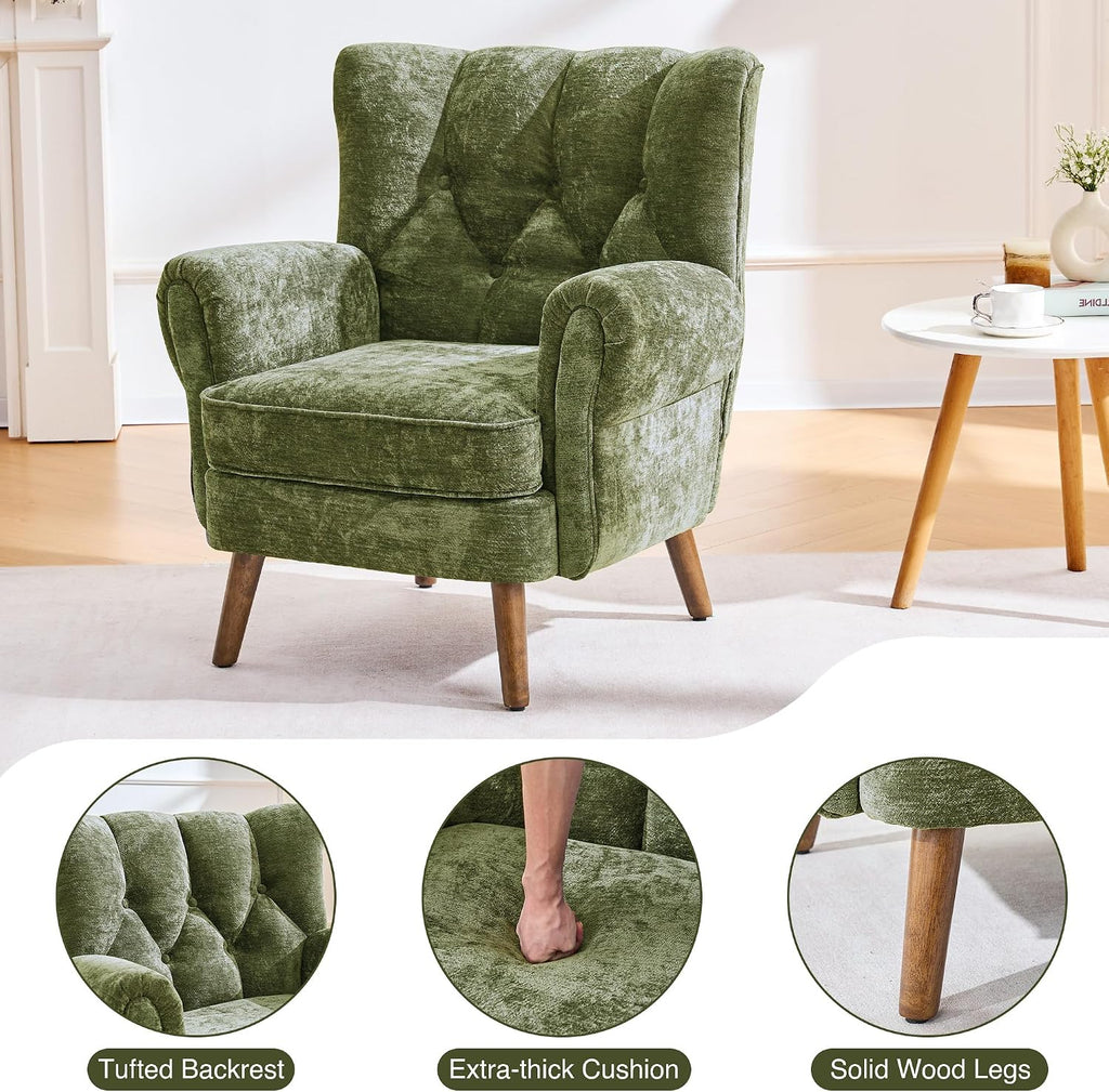 Chenille Wingback Accent Chairs Set of 2, Mid-Century Modern Living Room Armchair with Removable Cushions, High