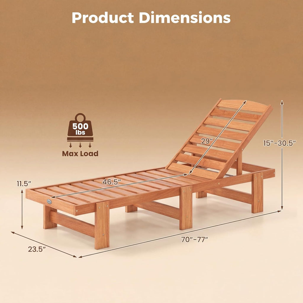 Solid Wood Chaise Lounge, Outdoor Lounge Chair Teak Oil Finished | 5-Position Adjustable Backrest, Wooden Patio