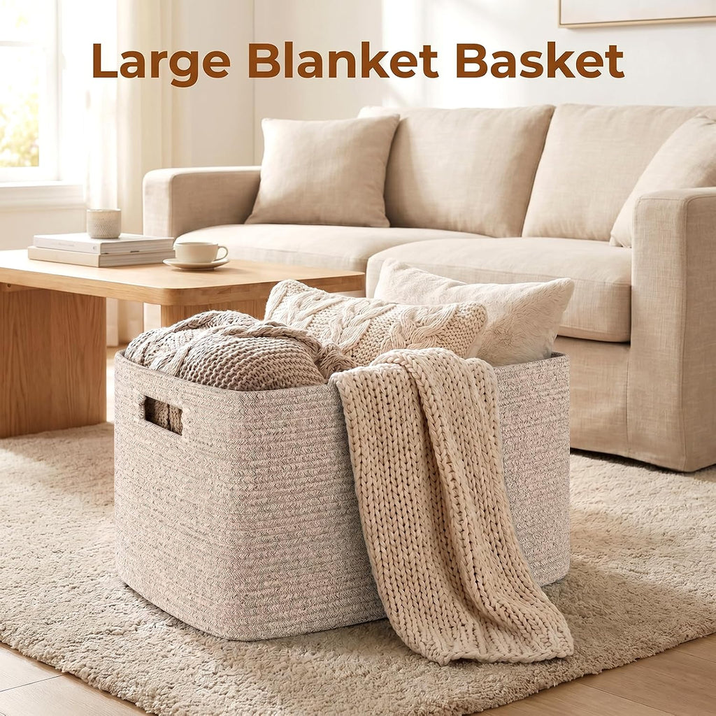 75L Large Blanket Basket, 22"x17"x12" Woven Cotton Rope Storage Basket with Handle for Organizing Blanket and Toys