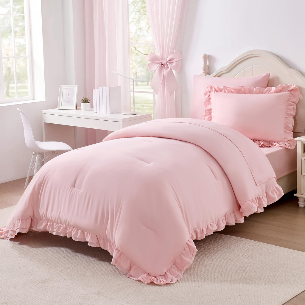 Toddler Bedding Set for Girls, 4 Piece Double Ruffles Super Soft Toddler Bed Set with Boho Toddler Comforter Sheet