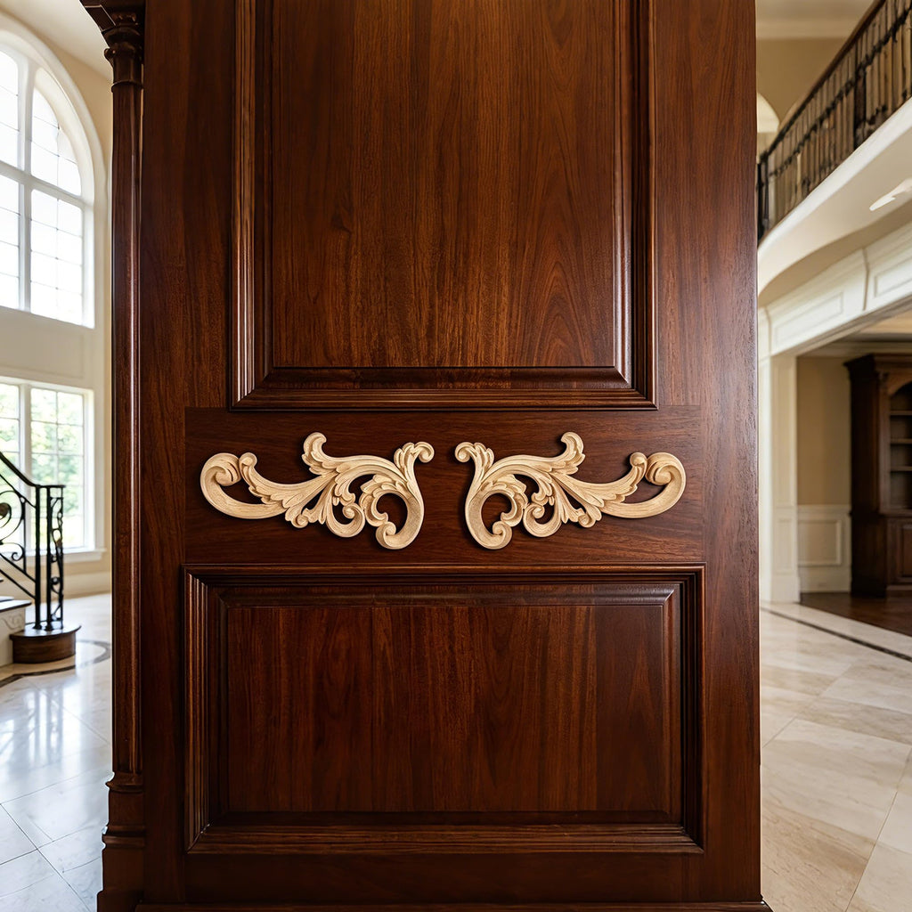 Premium Unpainted Solid Wood Appliques, Decorative Mirrored Scroll Wood Onlays for Furniture Renovation, Cabinet