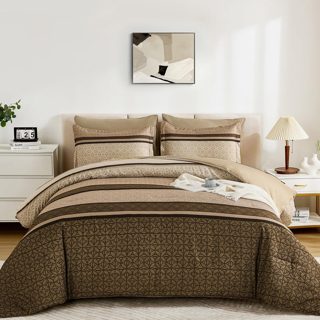 7 Pieces Comforter Set King Size, Brown Striped Fall Winter Bed in a Bag Comforter, Minimalist Geometric Bohemian