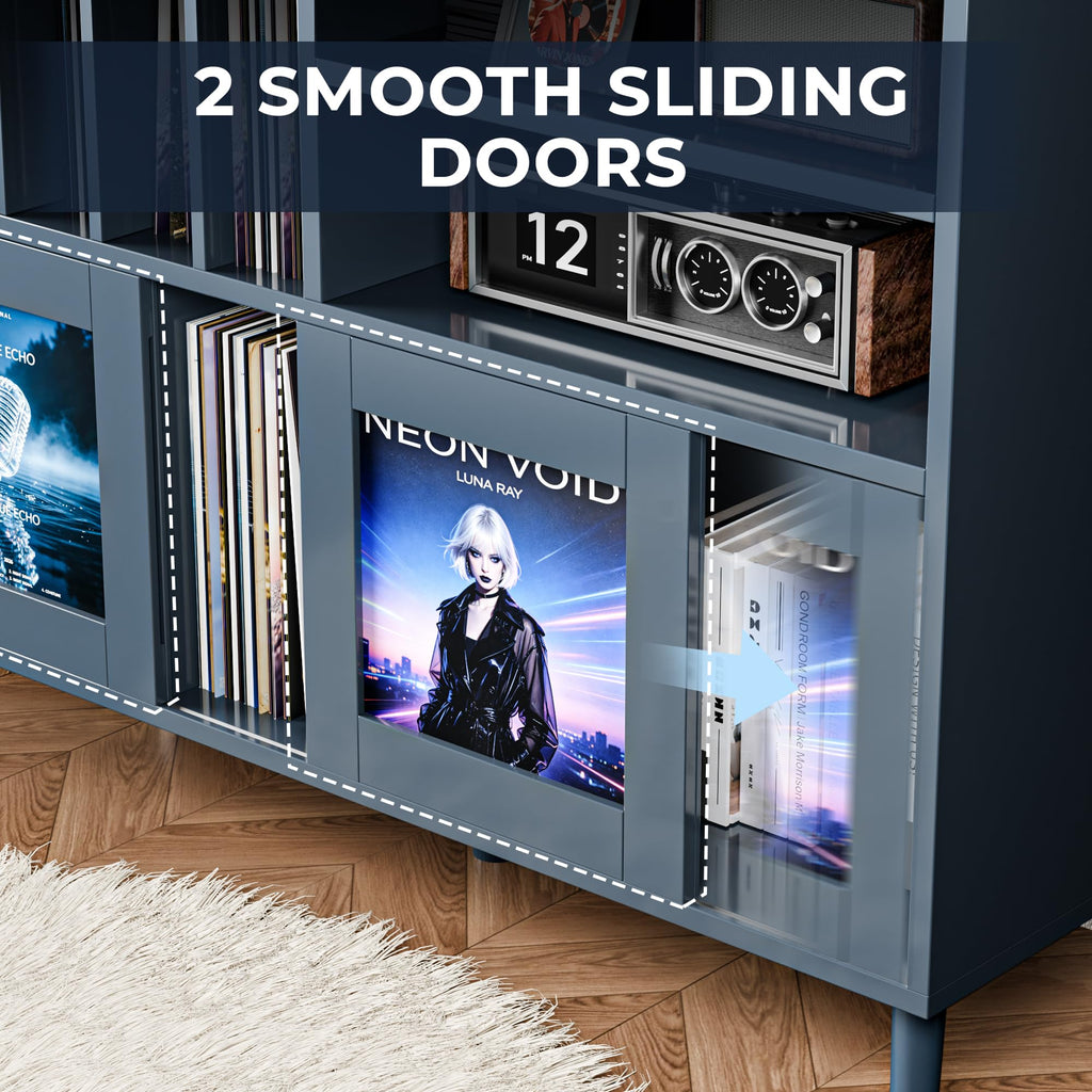 XL Record Player Stand with Sliding Doors, 500+ Vinyl Record Storage Cabinet