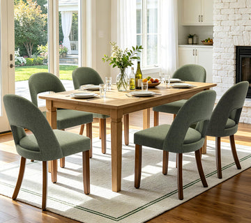 Wooden Dining Chairs Set of 6, Upholstered Kitchen Chairs with Walnut Wood Legs and Curved Linen Fabric Backrest