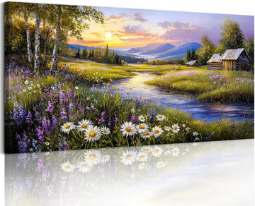Large Wall Art Prints, Rural Landscape Wall Decor, Meadow Wildflower Canvas Painting, River Cottage Pictures Home