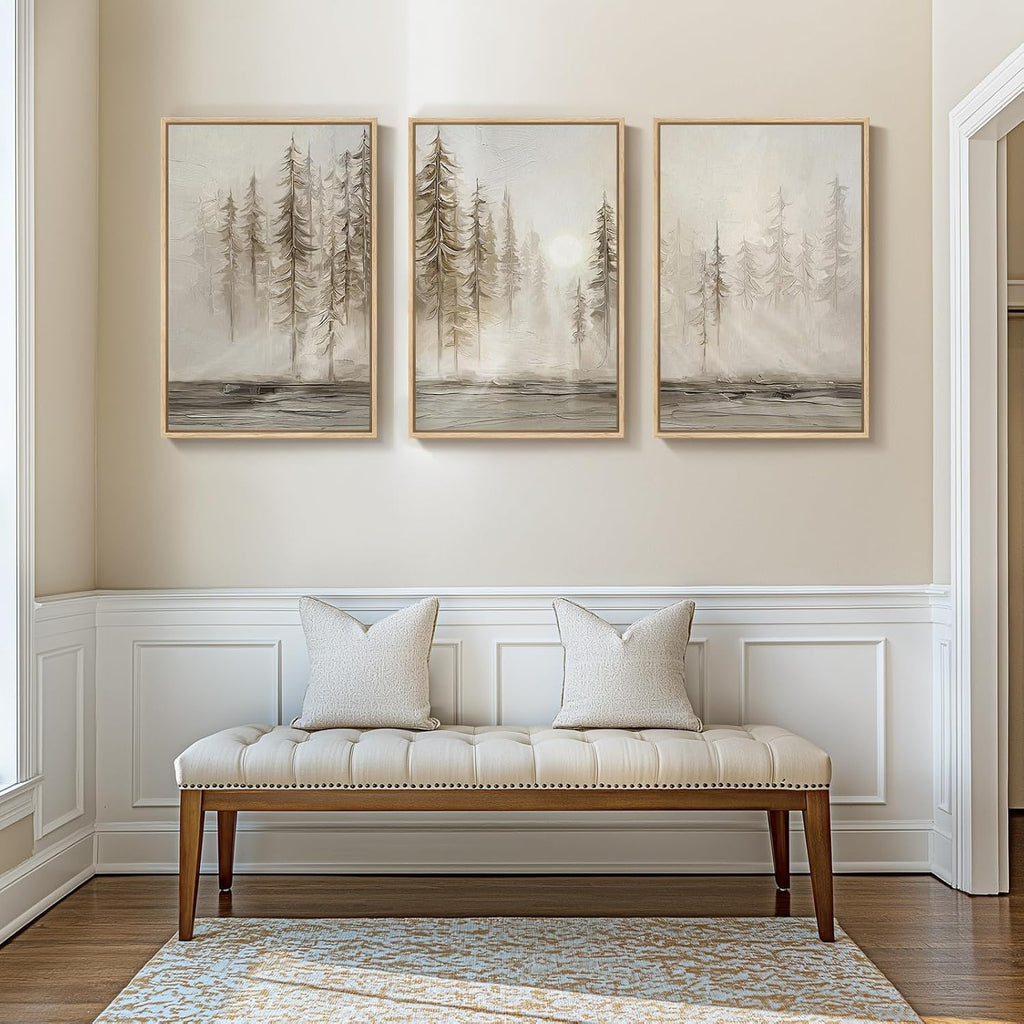 Framed Neutral Wall Art , Large 3 Piece Abstract Pastel Grunge Forest Landscape Tree Canvas Artwork Set, Modern Art