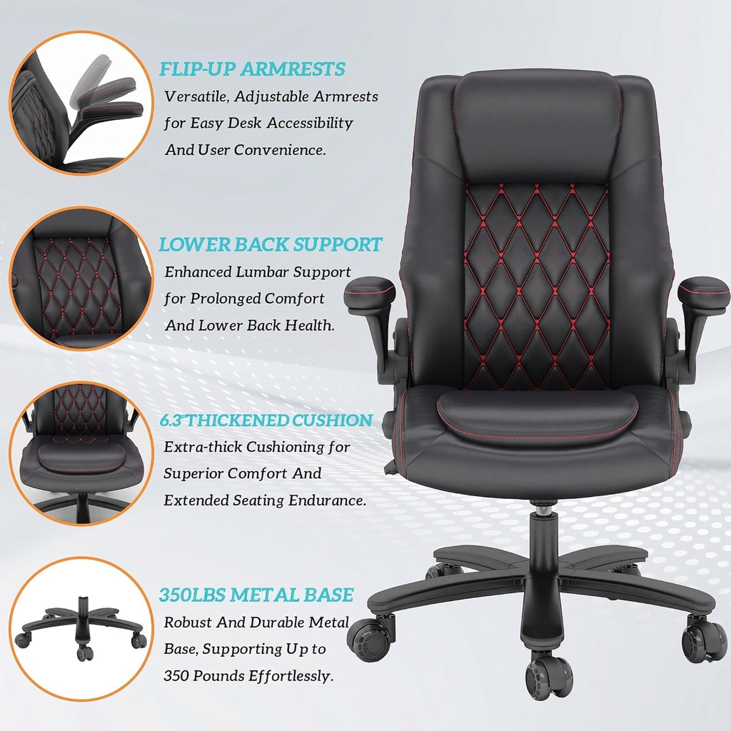 High Back Executive Office Desk Chair, Leather Computer Chair, Black | 2.6"Rubber Wheels, Flip-up Arms, Heavy Duty