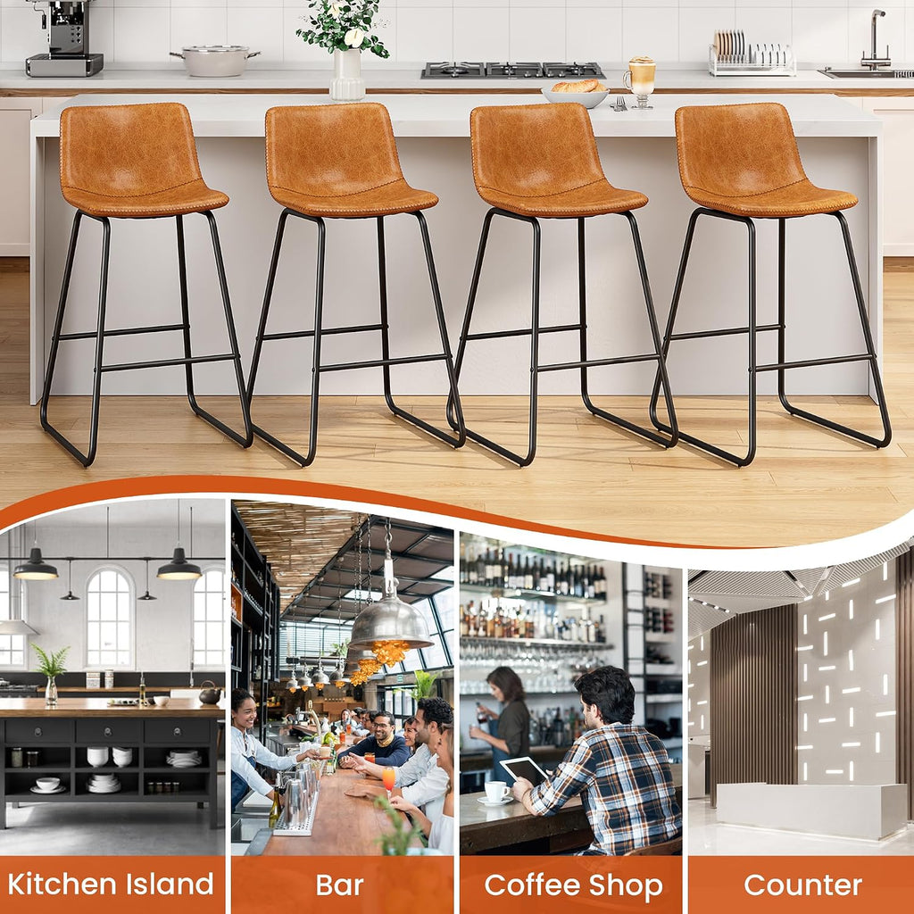 Bar Stools Set of 4, PU Leather Counter Height Bar Stools, 26" Modern Barstools with Metal Legs and Footrest, Urban