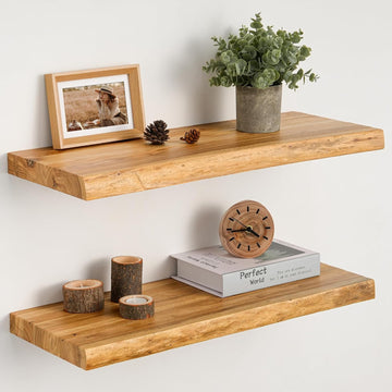 Floating Shelves Set of 2, Solid Elm Wood 24 Inch Wall Shelving | Natural Live Edge Grain, Heavy Duty Hidden