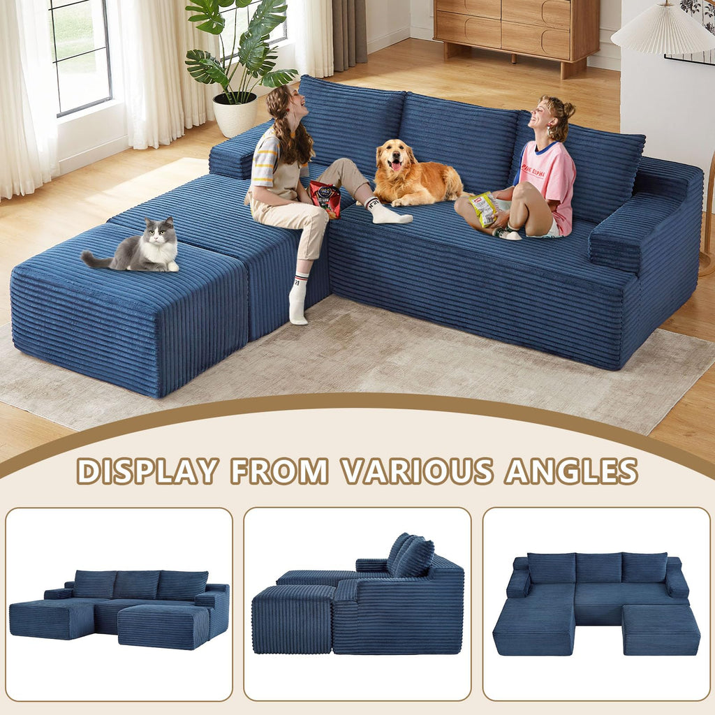 96" Cloud Sectional Couch with U-Shaped Chaise, Corduroy Sectional Sofa with Ottoman, Deep Seat Boneless Couch, No