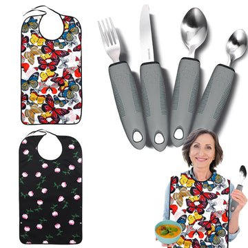 Adaptive Utensils with Adult Bibs - 4pcs Weighted Utensils Set (2.5oz Each) for Hand Tremors, Elderly, Parkinson's