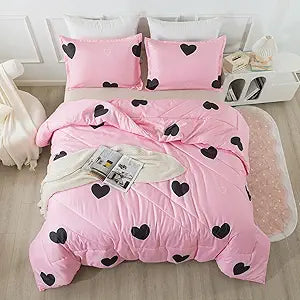 Pink Comforter Set Queen Black Heart Set 3pcs with Pillowsham - Set of 3