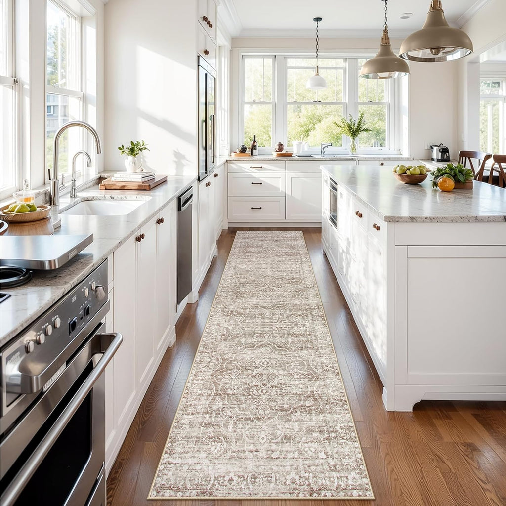 Runner Rug for Hallway 2.5x10, Washable Kitchen Runner Rugs Ultra-Thin Non Slip, Neutral Boho Print Long Farmhouse