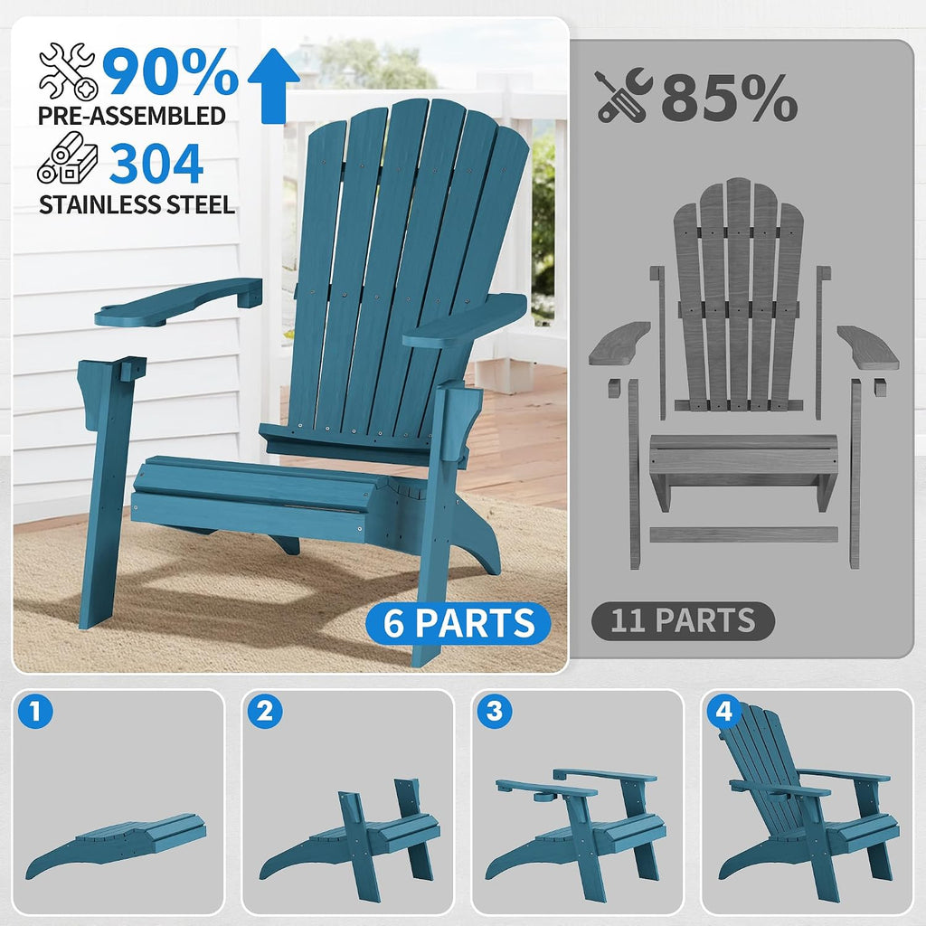Adirondack Chairs Set of 2 with Cup Holder, Blue | 350Lbs Support, All Weather Patio Chairs for Fire Pit Deck