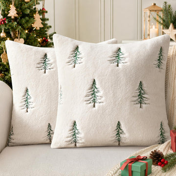 Christmas Pillow Covers 20x20 Set of 2, Embroidered Christmas Tree Sherpa Throw Pillow Covers, Soft Winter Decorative