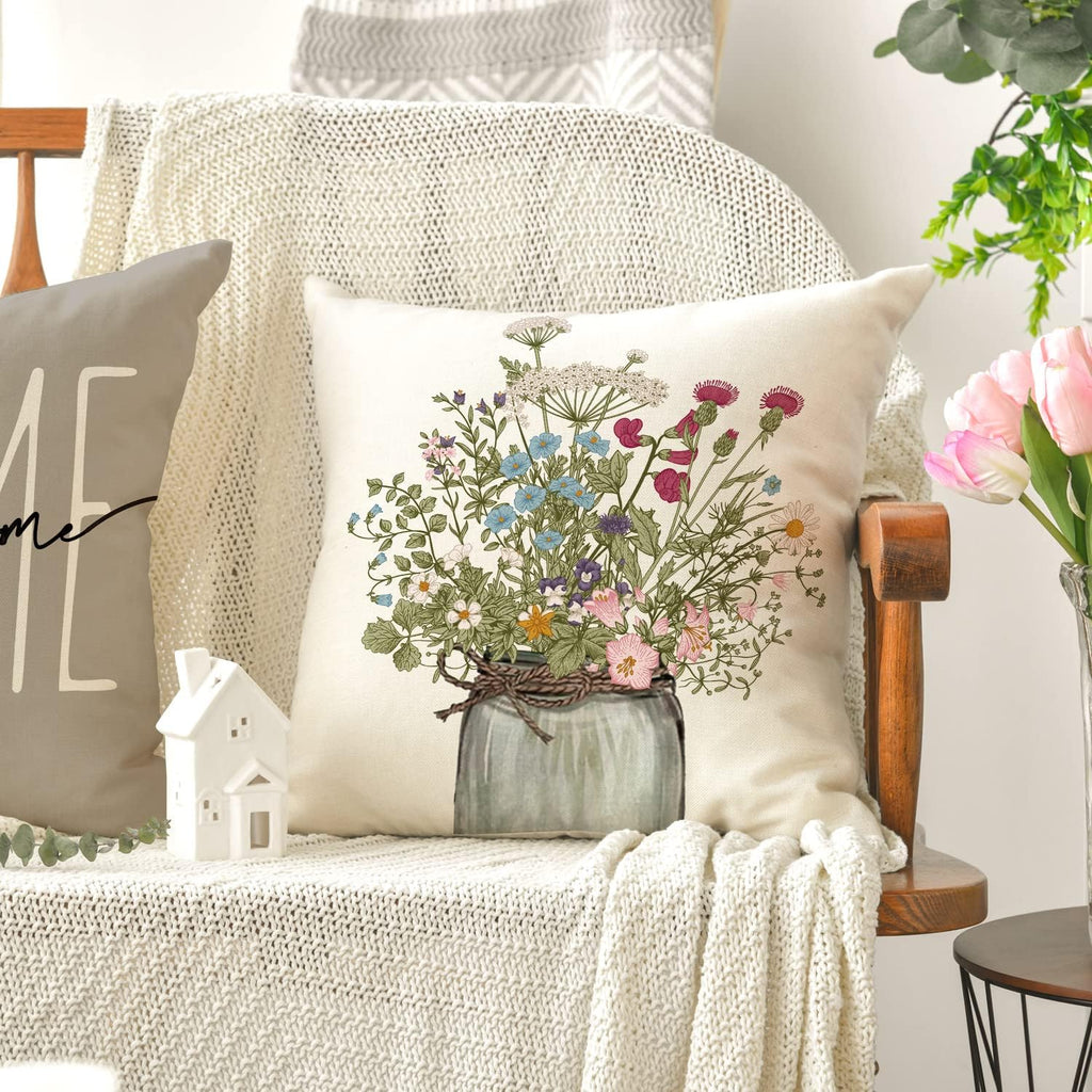 Spring Wildflowers Home Sweet Home Throw Pillow Covers, 18x18 Inch Seasonal Cushion Case Decoration