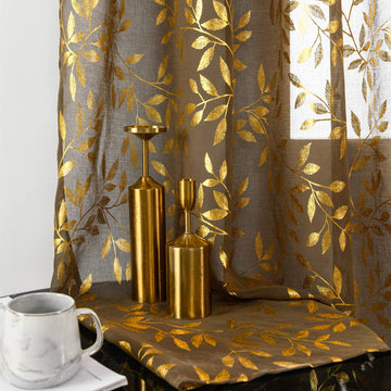 Sheer Curtains 84 Inch Length 2 Panels Set, Luxury Gold Foil Printed Metallic Bronzing Leaves, Privacy Window