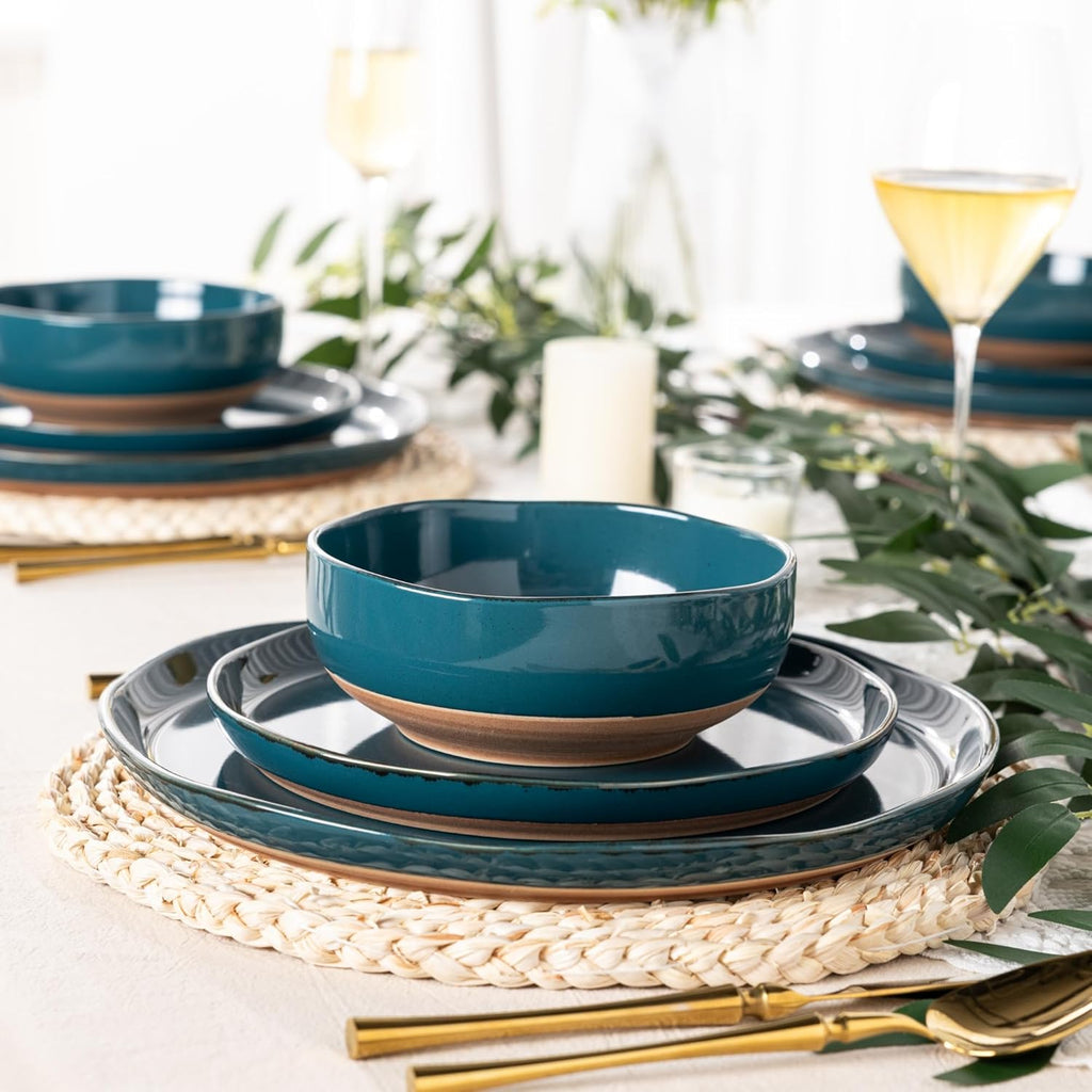 Ceramic Dinnerware Sets for 4, 12 Pieces Handpainted Plates and Bowls Set with Rustic Terracotta Underside