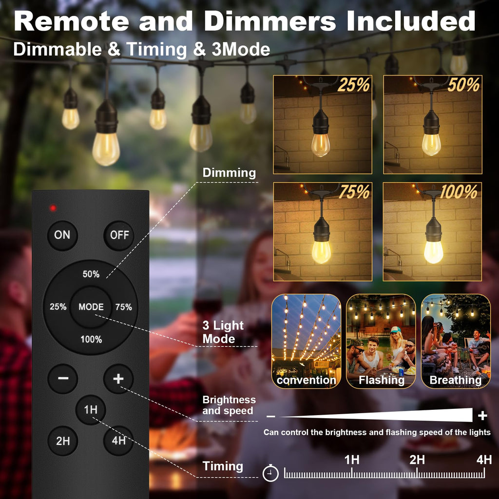 Outdoor String Light 64Bulbs (1.5FT Bulbs Spacing), 120W Dimmer Remote