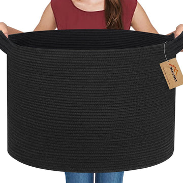 Large Black Blanket Basket, 22" X 22" X 14" Woven Rope Bin for Storage, Kids Dog Toy Storage Box Organizer Bins