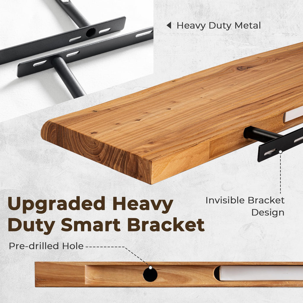 Live Edge Elm Floating Shelves - 40 In Rustic Solid Wood Shelves with Heavy-Duty Invisible Bracket, Wall-Mounted
