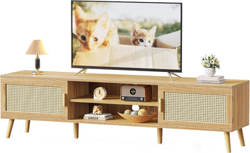 70.9 Inch Boho TV Stand for 75 Inch TV, Entertainment Center with Adjustable Shelf, Rattan TV Console with 2