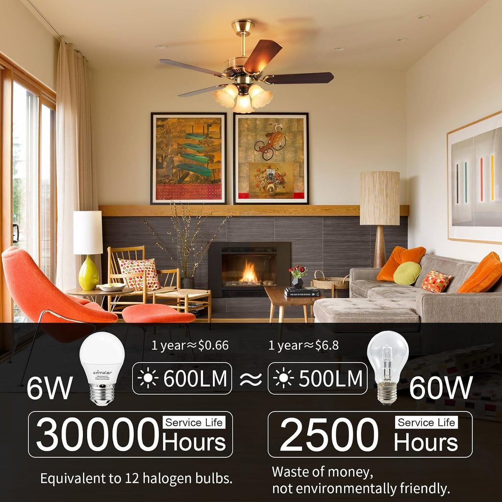 Small Light Bulb 6 Watts Warm White Light 2700K, 60 Watts Globe Light Bulb Equivalent, E26 Standard Screw Base