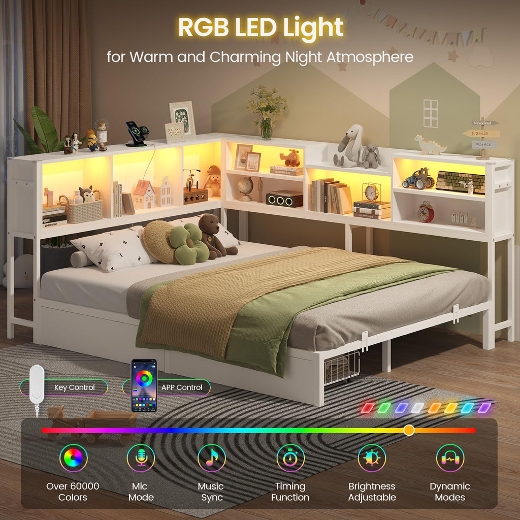 Corner Bed Frame Queen with Storage Bookcase and Drawers, Queen Size Daybed with Charging Station and LED Lights