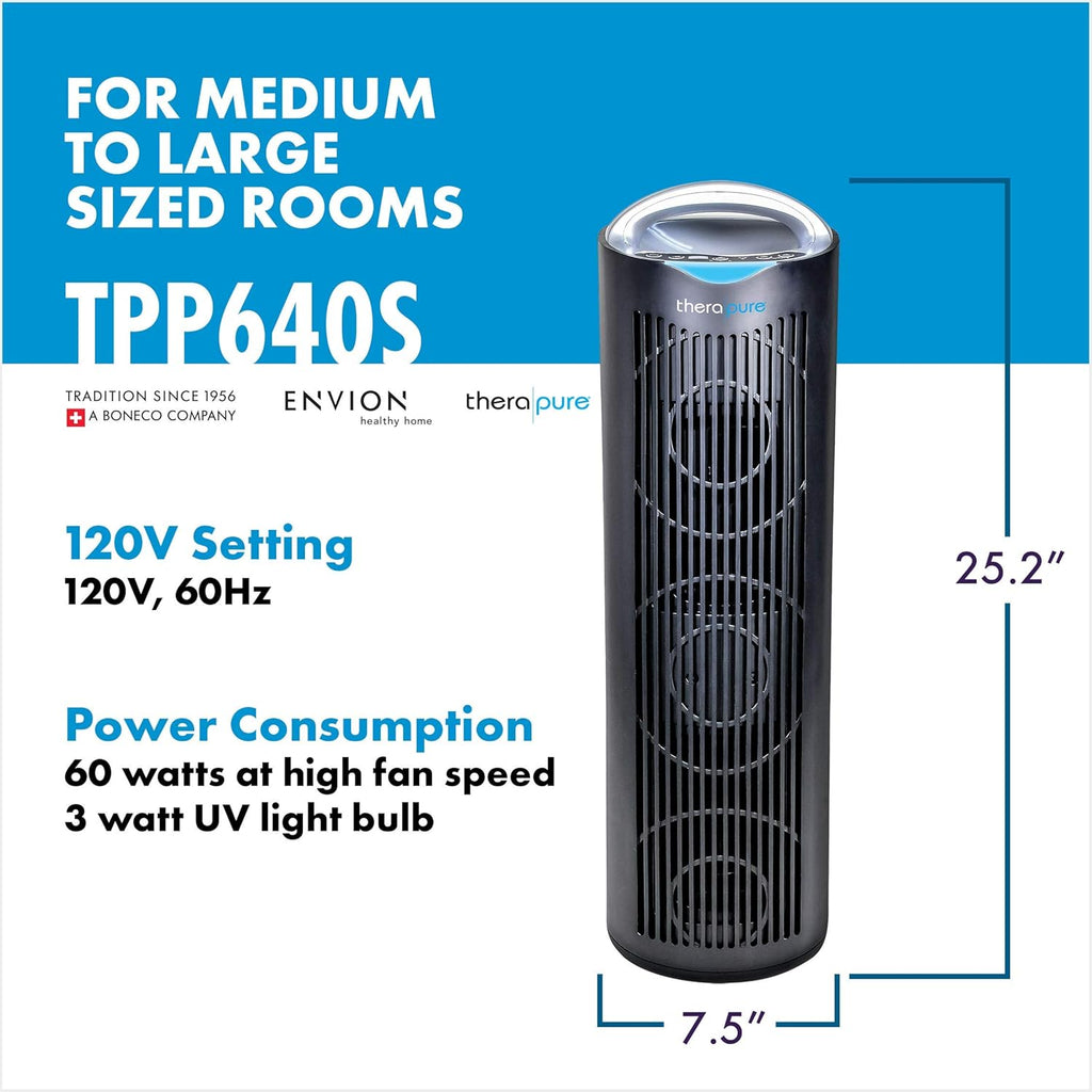 Therapure TPP640 Air Purifier Tower with Air Sensor, Handle, and Remote Control (Black)