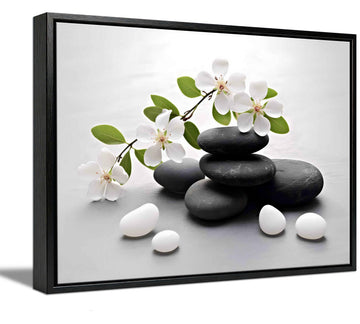 Framed Zen Stone Flower Canvas Wall Art Orchid Flower Black White Zen Stone Picture Wall Decor Still Life Poster