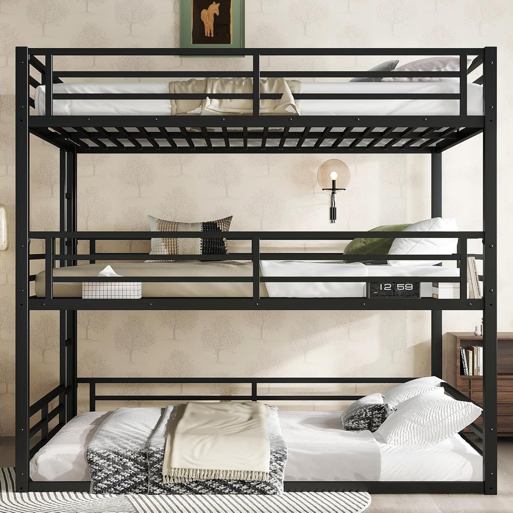 Heavy Duty Triple Bunk Bed, Queen Over Full XL Over Queen 3 Bunk Beds with Ladders