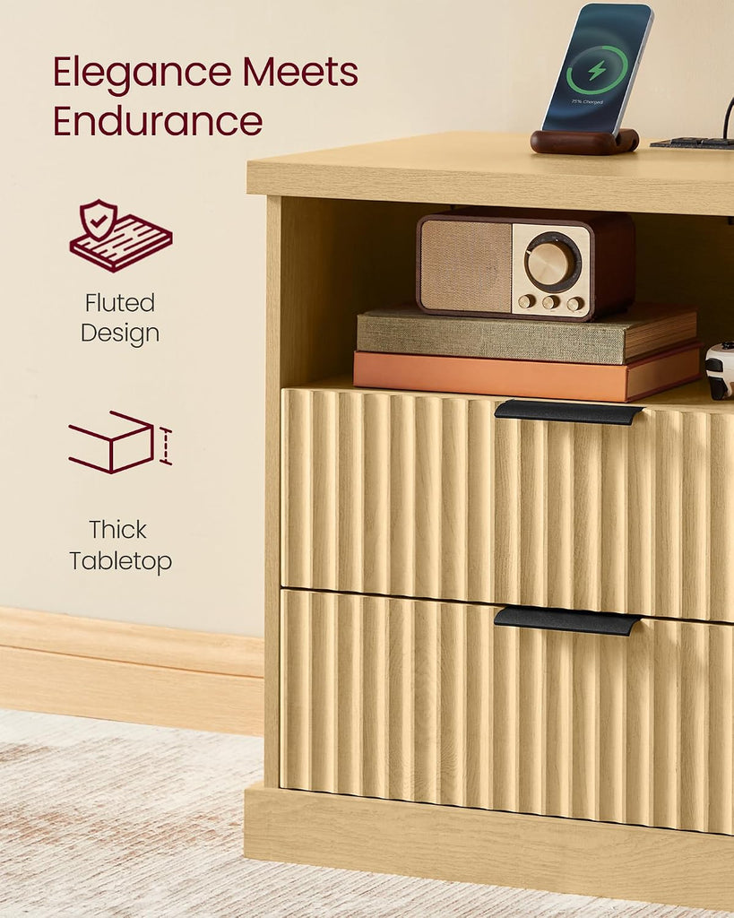 Nightstand with Charging Station, Fluted Night Stand, Bedside Table, Mid Century Modern Side End Table