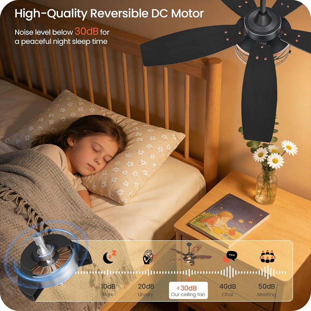 42 Inch Farmhouse Ceiling Fan with Lights and Remote, Timer, Dual Finish 5 Blades (Rustic Brown and Black), 6 Speeds
