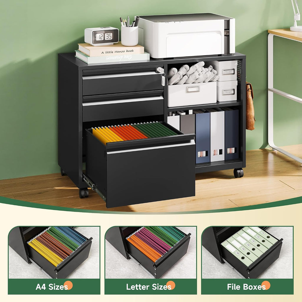 Mobile 3 Drawer File Cabinet with Lock-Metal Lateral Rolling Printer Stand Filing Cabinets -Storage A4/F4/Letter