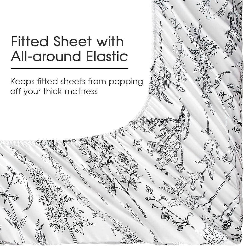 Floral Bed Sheets, 18 inches Deep Pocket Sheets 1800 Thread Count, Black and White Leaf Sheet Set Soft