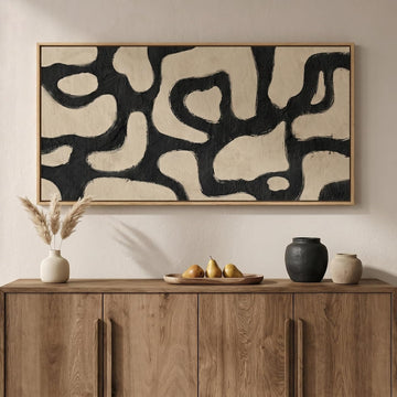 Framed Neutral Horizontal Abstract Wall Art, Extra Large Black and Beige Modern Painting Print, Mid Century Canvas